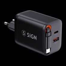 SiGN GaN Schnellladegerät USB-C/USB-A 40W mit verlängerbarem USB-C-Kabel - Schwarz