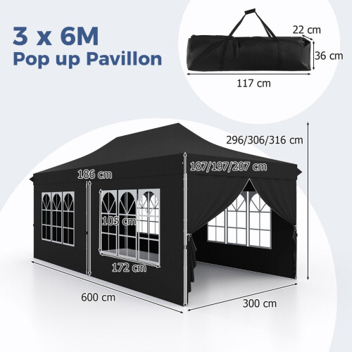 3x6 m Pop-Up Canopy Tent with Removable Walls, Black 1