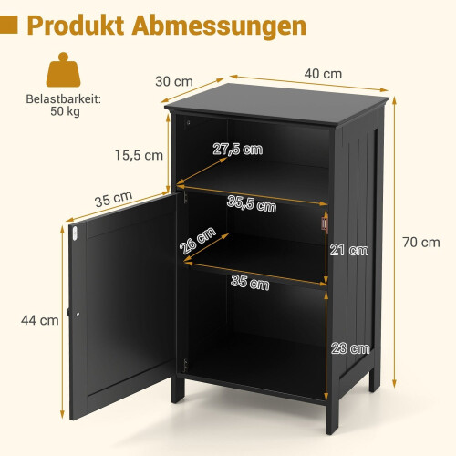 Baderomsskap med justerbar hylle, 40x30x70 cm, Sort 1