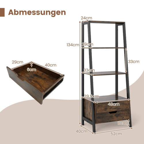 Libreria a scala indipendente, 134 cm, 4 ripiani, 2 cassetti 1