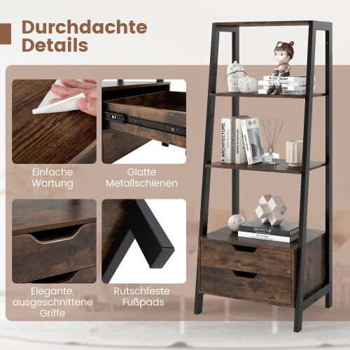 Libreria a scala indipendente, 134 cm, 4 ripiani, 2 cassetti 2