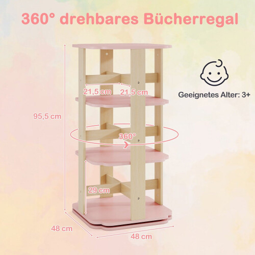 Rotating Kids Bookshelf, 3-Tier, 12 Compartments, Pink 1