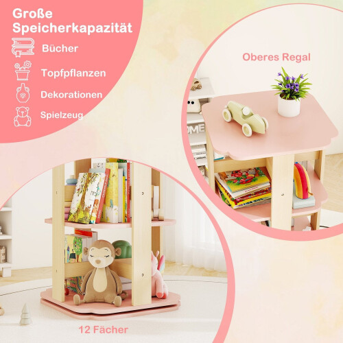 Rotating Kids Bookshelf, 3-Tier, 12 Compartments, Pink 2