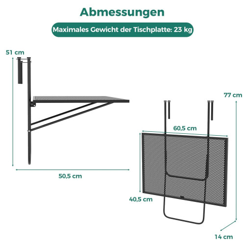 Foldable Balcony Table - Metal Hanging Table, Black 1