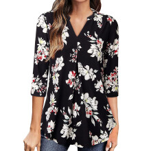 Blusas elegantes e sofisticadas, camisas de manga 3/4 para mulheres, blusas túnica com decote em V, blusas casuais elegantes, tecido leve e macio,