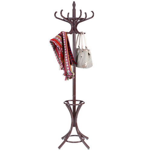 Coat Rack with Umbrella Stand, 12 Hooks, Brown 1