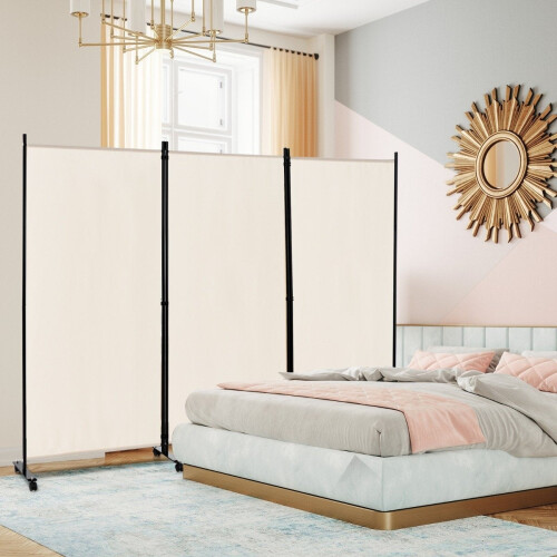 Romdeler med hjul, 3 paneler, sammenleggbar, beige, 180 cm 1