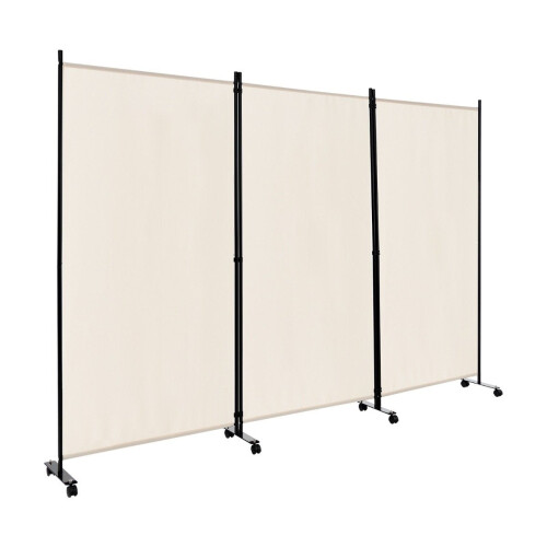 Romdeler med hjul, 3 paneler, sammenleggbar, beige, 180 cm 2