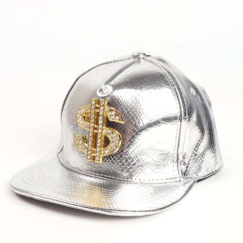 PU Snapback-caps med flat brem, justerbar, sølvfarget 1