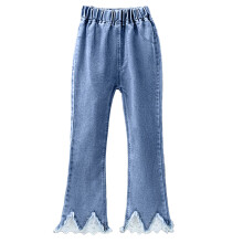 Baby Girl Ruffle Hem Denim Pants, Cute Design Elastic Waist Flared Leg Jeans In Stretchy Denim With Lightweight And Breathable Fabric For Playtime Or