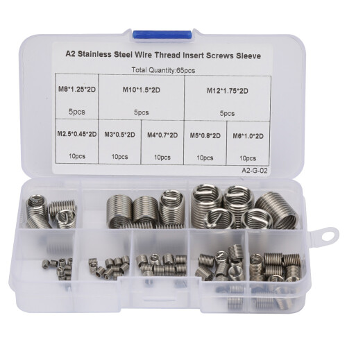 Metric Thread Inserts Kit Stainless Steel Inner Thread, Self Tapping Thread Inserts Easy Carry Low Abrasion Anti Sliding Wire (65PCS)