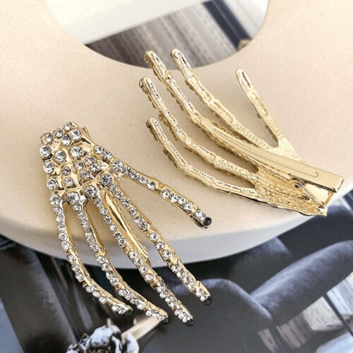 Conjunto de 2 Presilhas de Cabelo com Strass em Formato de Mão de Esqueleto 1