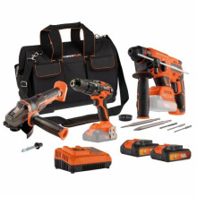 Pack of 3 tools - DUAL POWER - 20 V - Drill/driver + angle grinder + rotary hammer - 2 batteries and charger - Bag
