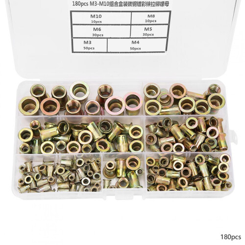 Professional Rivet Nut Kit, 180pcs M3,M10, Zinc Plated, Easy Install, Includes Organizer Case 1