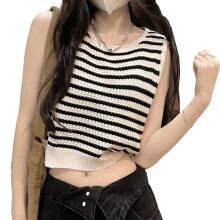 Striped Elegance Sleeveless Pullover Tops Trendy Knitted Tank Ruffle Hem Design Hollow Out Detail Layering Vest Breathable Fabric Slim Fit Cute Crop