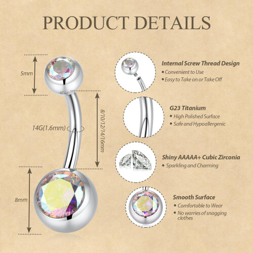 Belly Button Ring Internally Threaded Cube Zircon 2 pcs 14G 1