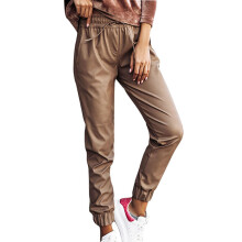 Athleisure Jogger Pants Women'S Stretchy Ankle Cuffs High Waisted Self Tie Smocked Waist Medium Weight Satin Fabric Side Pocket Design