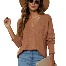 Soft And Comfortable Waffle Knit Casual Blouse Women V Neck Long Sleeve Loose Fit Oversized Batwing Sleeves With Button Design Asymmetry Hem