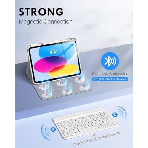 iPad 11th Gen (A16) & 10th Gen Case with Detachable Bluetooth Keyboard, Pencil Holder, Multi-Angle, Silver – compatible with iPad 2