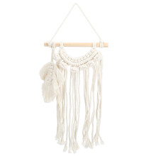 Wall Hanging With Wooden Dowel Rod And Tassel Detailing, Handmade Bohemian Woven Tapestry In Natural Cotton Thread, Adjustable Decor For Living Room