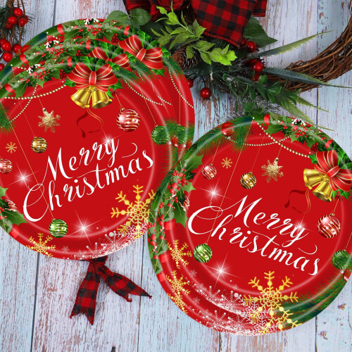 Red Christmas Paper Plates 20 Pack, Disposable Party Tableware with Tree Bell Pattern for Holiday Dinner Decor(B-20PC) 1