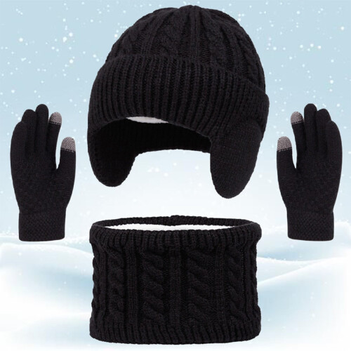 Set invernale per bambini composto da cappello, sciarpa e guanti in maglia – Caldo e foderato, compatibile con touchscreen, morbido e spesso, 3 1