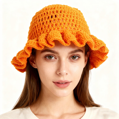 Damefiskerhat med flæsekant, orange, én størrelse 1