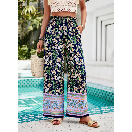 Ελαστικό παντελόνι Boho για γυναίκες, χαλαρή εφαρμογή, με φαρδύ μπατζάκι και 1