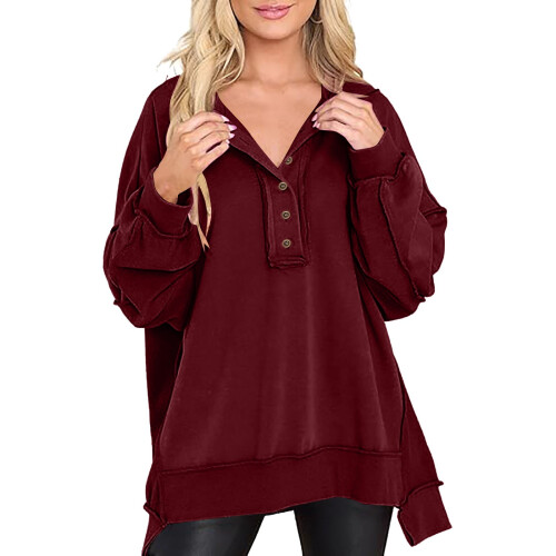 Γυναικεία oversized φούτερ με μακριά μανίκια Henley με κουμπιά και φούτερ, μπλουζάκια με 1