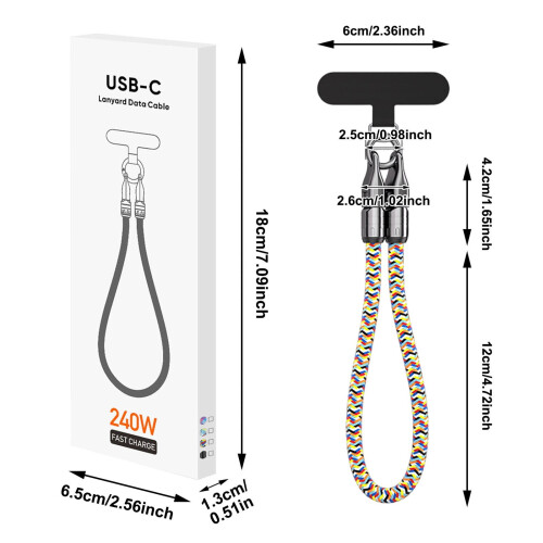 Καλώδιο γρήγορης φόρτισης USB-C σε C 240W, 5A, Φορητό βραχιόλι με μπρελόκ και 2