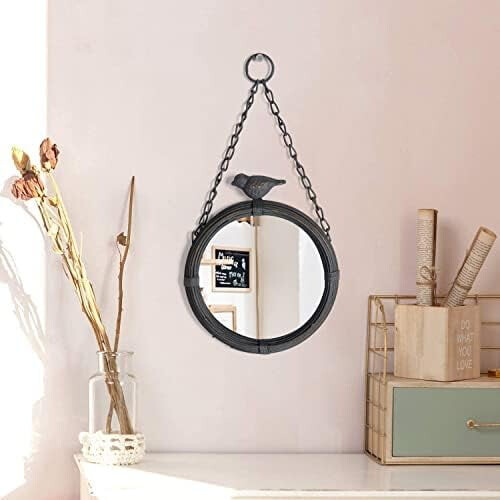 Στρογγυλός καθρέφτης τοίχου Shabby Chic με σπουργίτι, αντικέ μαύρο μεταλλικό πλαίσιο 1