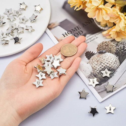 1box 40pcs Plastic Shank Buttons 1-Hole Star Silver 18mm 2