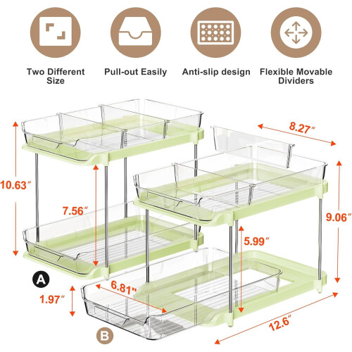 2-Tier Under-Sink Organizer, Stackable Kitchen Pantry & Pull-Out Cabinet Organizer with Movable Dividers, Green, 2 Pack 1