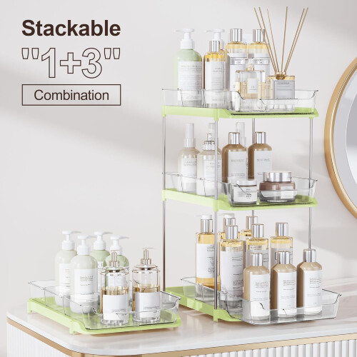 2-Tier Under-Sink Organizer, Stackable Kitchen Pantry & Pull-Out Cabinet Organizer with Movable Dividers, Green, 2 Pack 2
