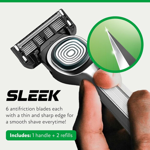 The six-blade razor system adopts multiple bending technology, a precise razor handle, and contains two blades 1