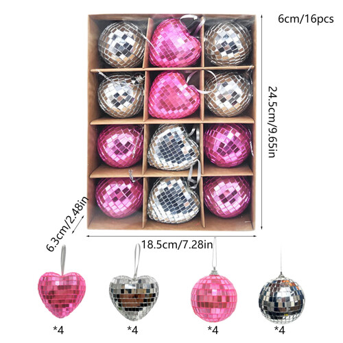Disco Mirror Ball Ornament Silver Pink Heart Round 2