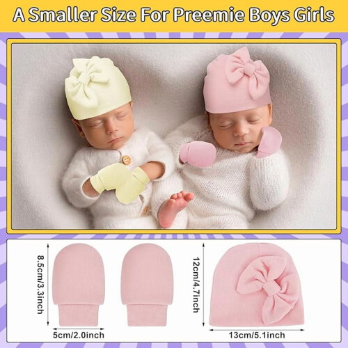 Conjunto de gorro e luvas para recém-nascida, com laço de algodão, ideal para prematuros. 1