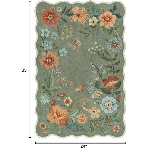Floral Machine Washable Rug Green 3x5 ft 1