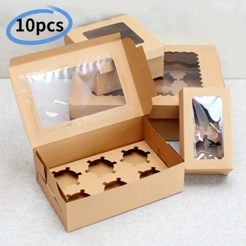 10 τεμάχια κουτί συσκευασίας cupcakes από χαρτί kraft με παράθυρο από χαρτόνι, κέικ, muffins, 1