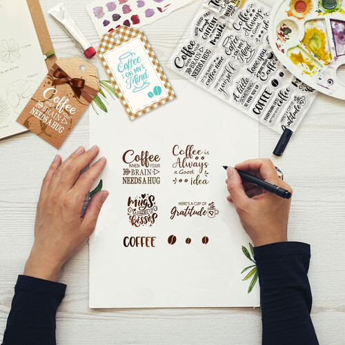 1 φύλλο καφέ διαφανείς σφραγίδες για scrapbooking, λέξεις ευλογίας κόκκων καφέ, 1