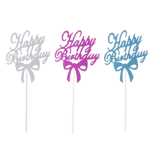 10pcs Glitter Bowknot Happy Birthday Cake Picks Silver 1