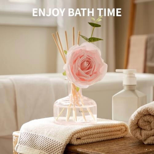 Diffuseur à bâtonnets parfumé à la rose, 120 jours de diffusion, flacon rose, diffuseur pour la maison et la salle de bain avec 7 bâtonnets, 1