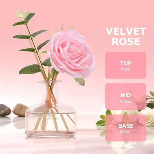 Diffuseur à bâtonnets parfumé à la rose, 120 jours de diffusion, flacon rose, diffuseur pour la maison et la salle de bain avec 7 bâtonnets, 2