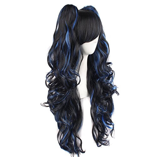 Parrucca Lolita lunga e riccia multicolore con clip per cosplay (Nero/Blu) 1