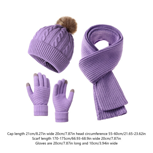 Winterstrickmütze, Schal und Handschuhe Set Lila 2