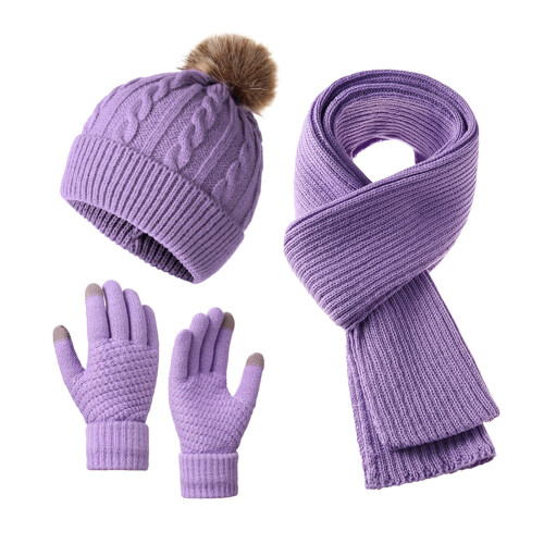 Winterstrickmütze, Schal und Handschuhe Set Lila 1
