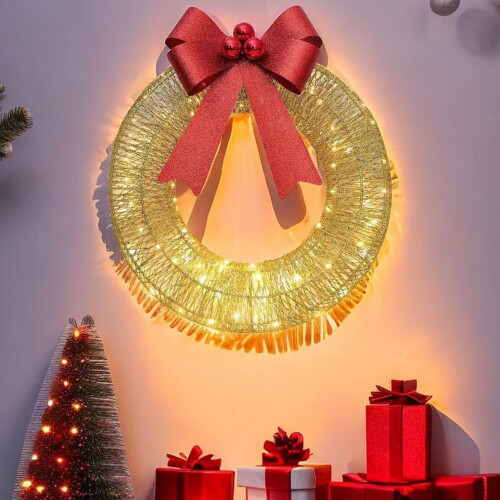 Lighted Christmas Wreath with LED Lights and Bow 2