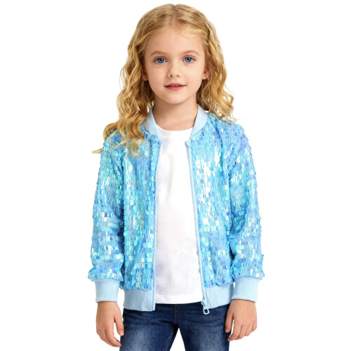 Girls Shiny Baseball Jacket Light Blue Loose Fit 1