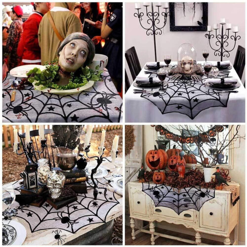 Τρομακτικά Στολίδια για Halloween, Τραπεζομάντιλο με Ιστό Αράχνης, Μαύρο Δαντέλα, 1