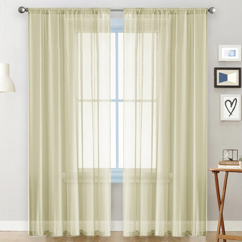 Solid Color Semi-Sheer Curtains – Double-String Polyester Rod Pocket Curtain Panels, Beige 1